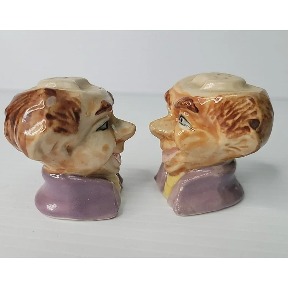 Vintage Japan Porcelain 2 Old Jester‎ Men Salt Shakers w/ Original Cork Stoppers